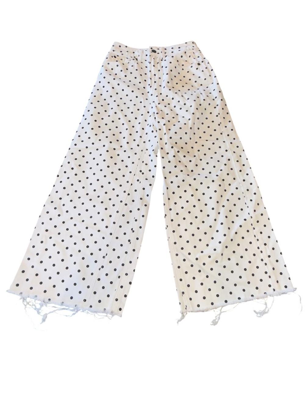 MOTO Topshop white wide-leg barrel-style pants with black polka dots cropped